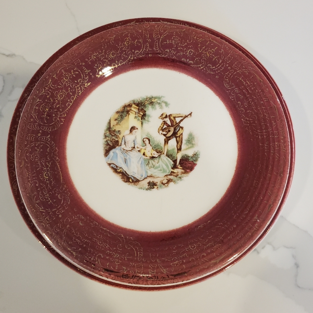 Sebring Pottery Serenade Maroon & 22 Kt. gold trim plates (4)